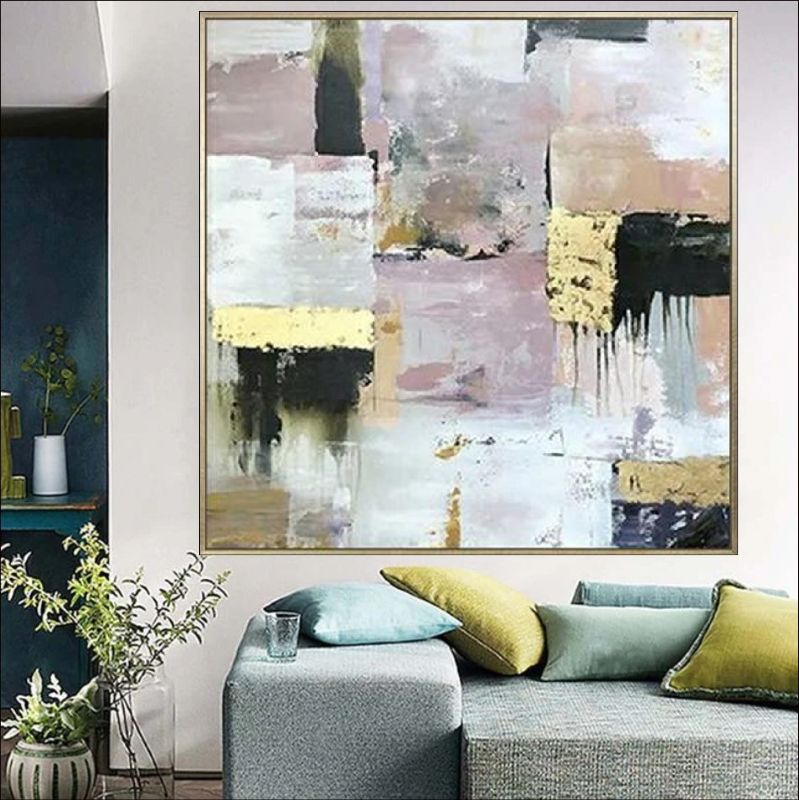 Abstract oil painting titled "Luxe Blend" with gold and neutral tones.