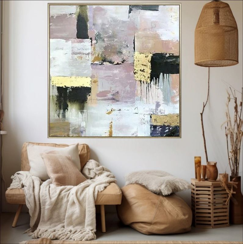 Abstract oil painting titled "Luxe Blend" with gold and neutral tones.