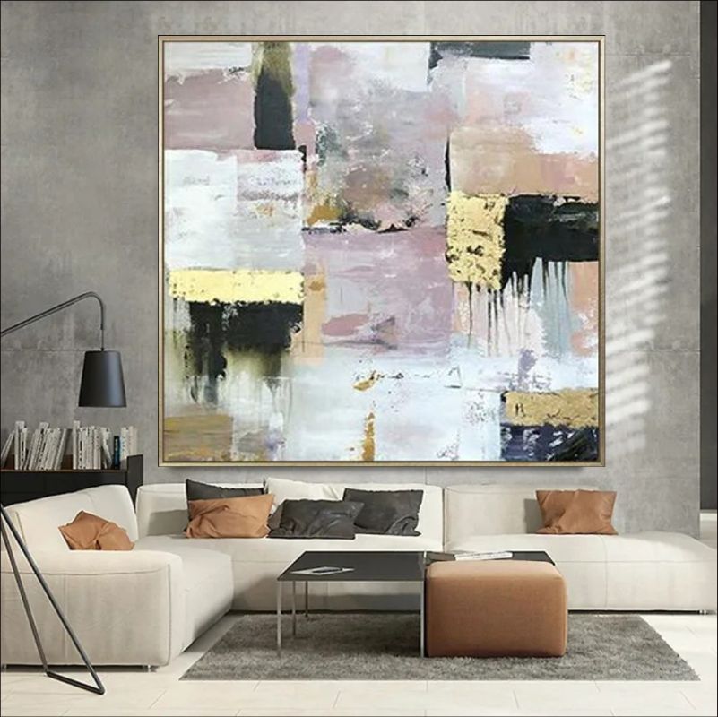 Abstract oil painting titled "Luxe Blend" with gold and neutral tones.