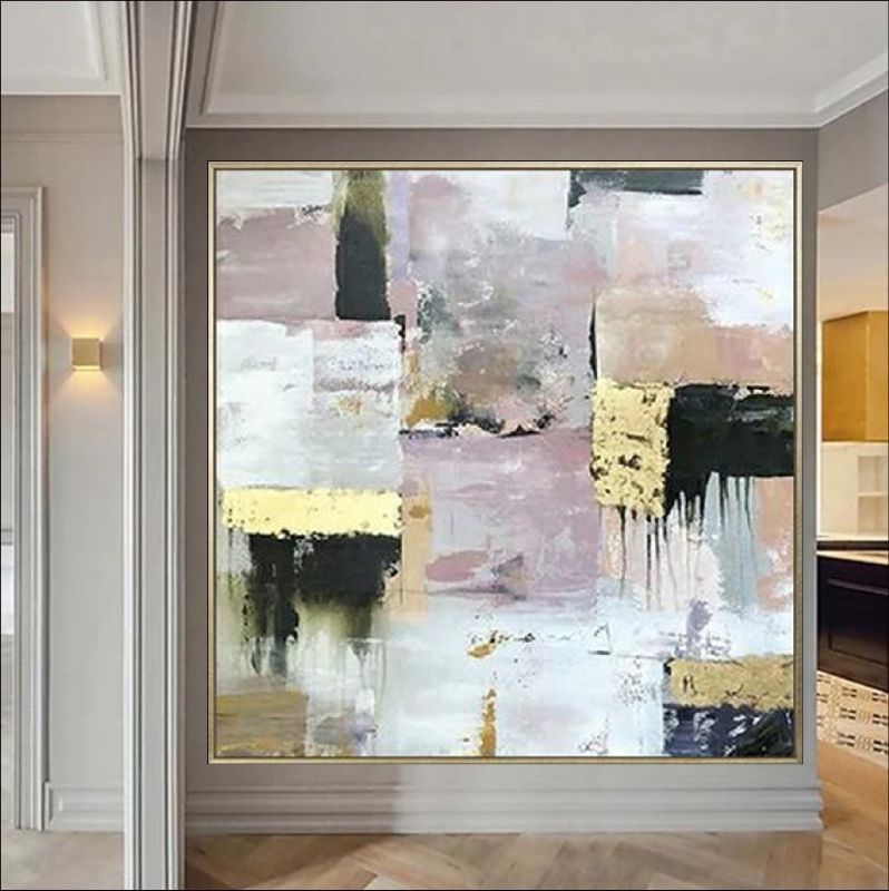 Abstract oil painting titled "Luxe Blend" with gold and neutral tones.