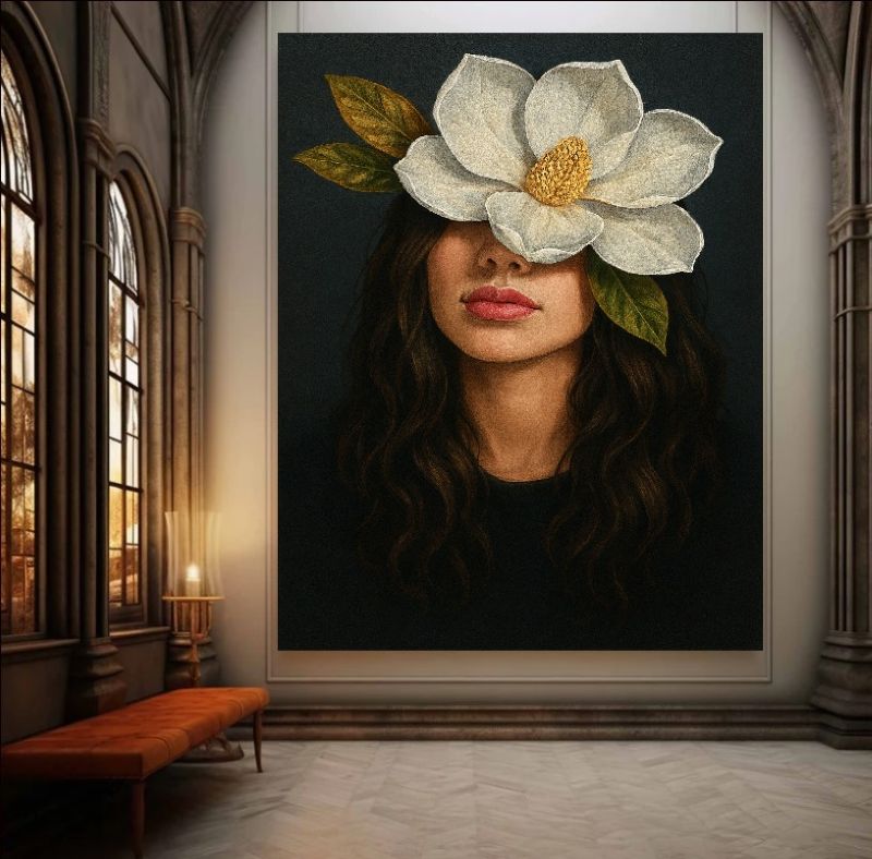 Surreal portrait painting of a woman with a large white magnolia flower covering her eyes, moody dark background, modern floral wall art.