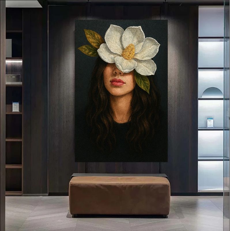Surreal portrait painting of a woman with a large white magnolia flower covering her eyes, moody dark background, modern floral wall art.