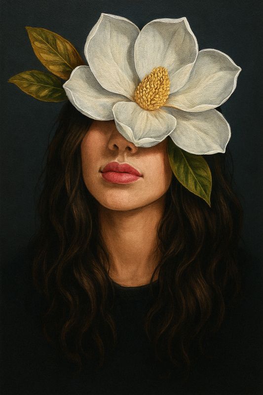 Surreal portrait painting of a woman with a large white magnolia flower covering her eyes, moody dark background, modern floral wall art.