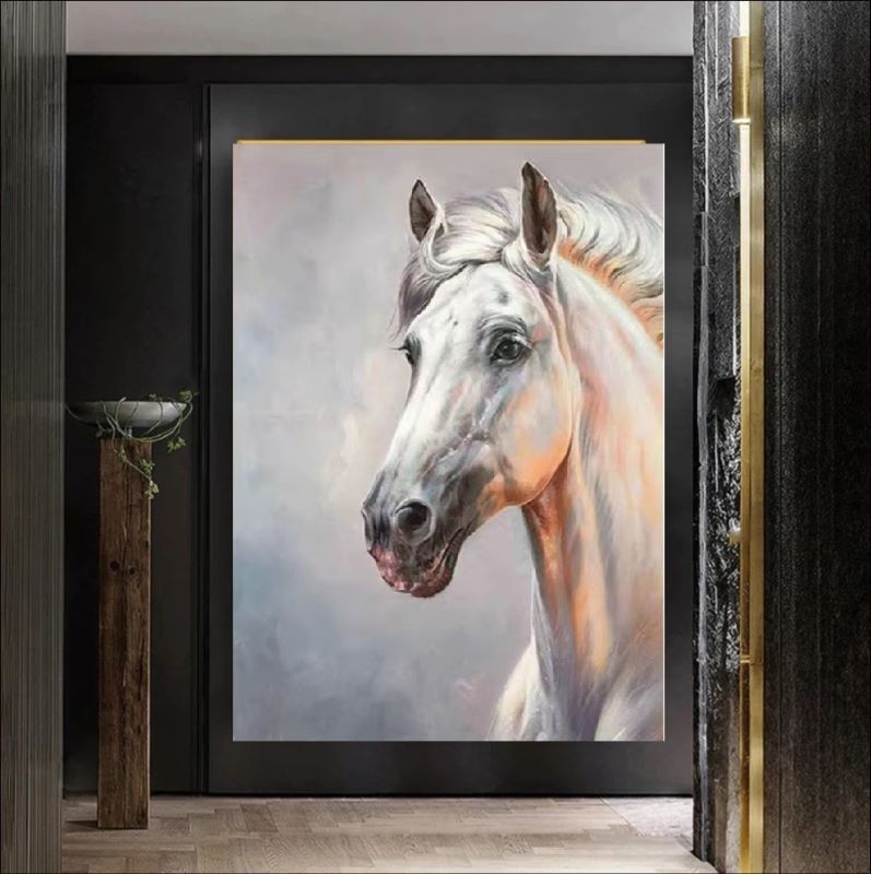 Realistic oil painting portrait of a white horse with a soft grey mane against a misty background, elegant equestrian wall art.