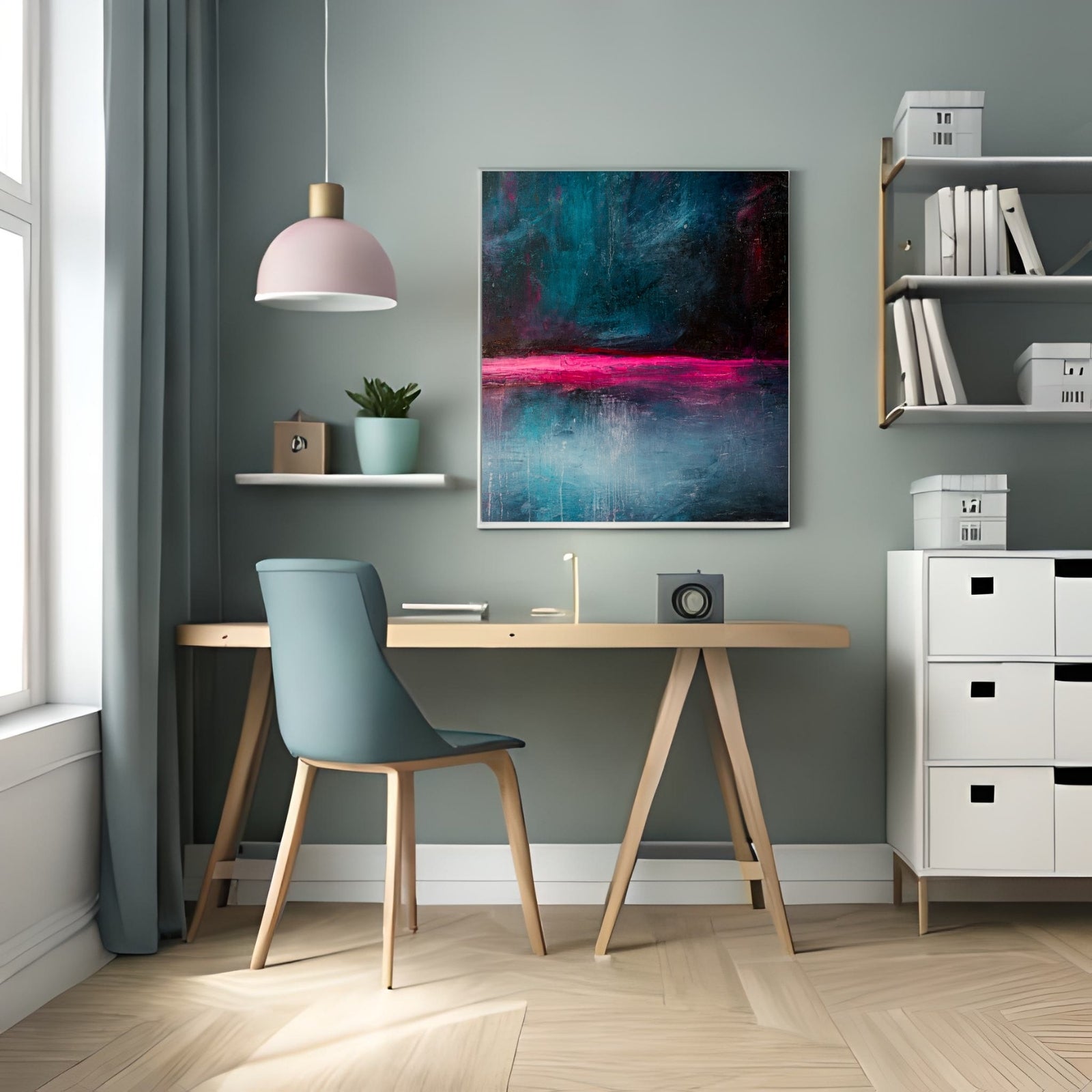  Modern abstract painting with a dark, textured indigo top half and a bright neon pink horizontal line separating it from a misty teal and blue bottom half.