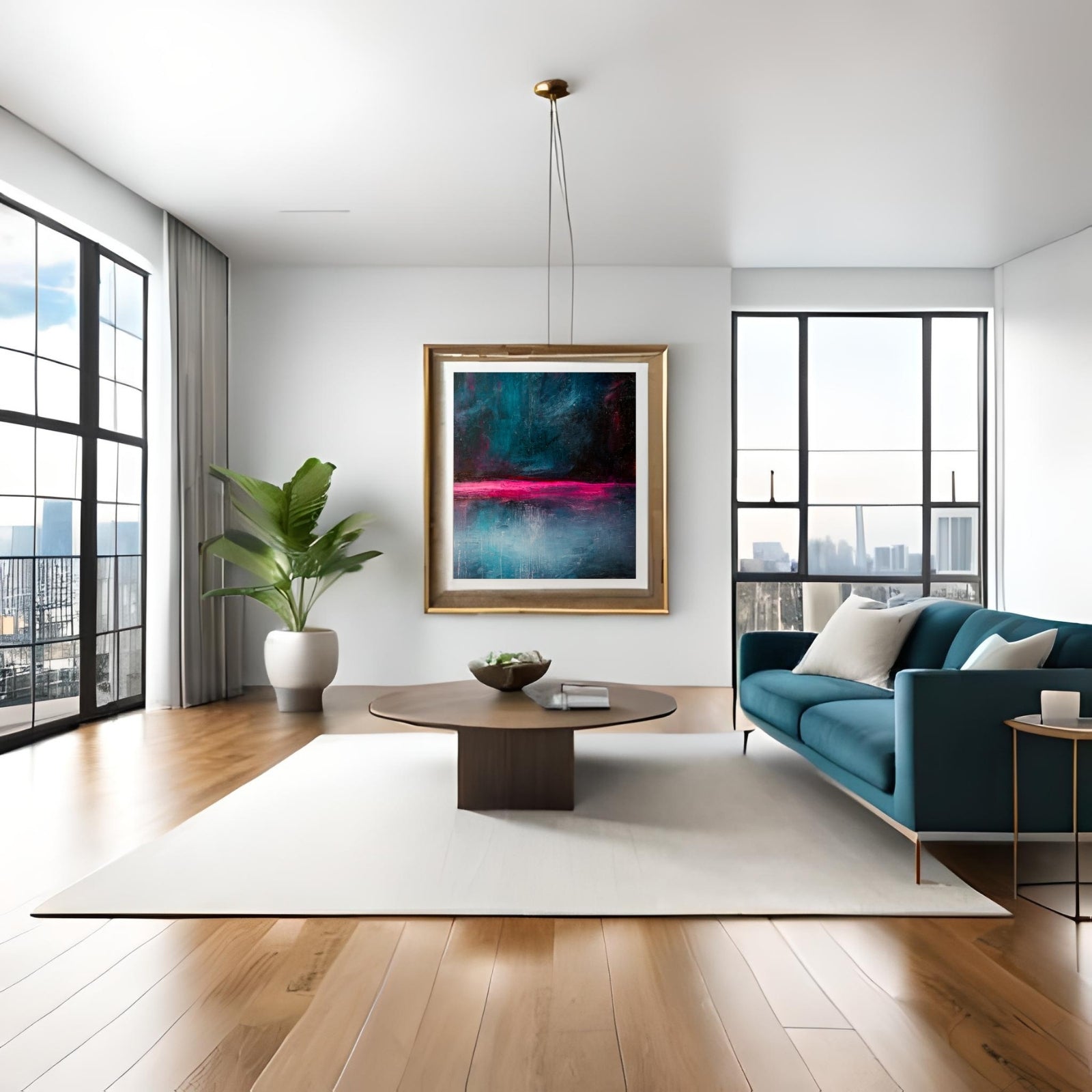  Modern abstract painting with a dark, textured indigo top half and a bright neon pink horizontal line separating it from a misty teal and blue bottom half.