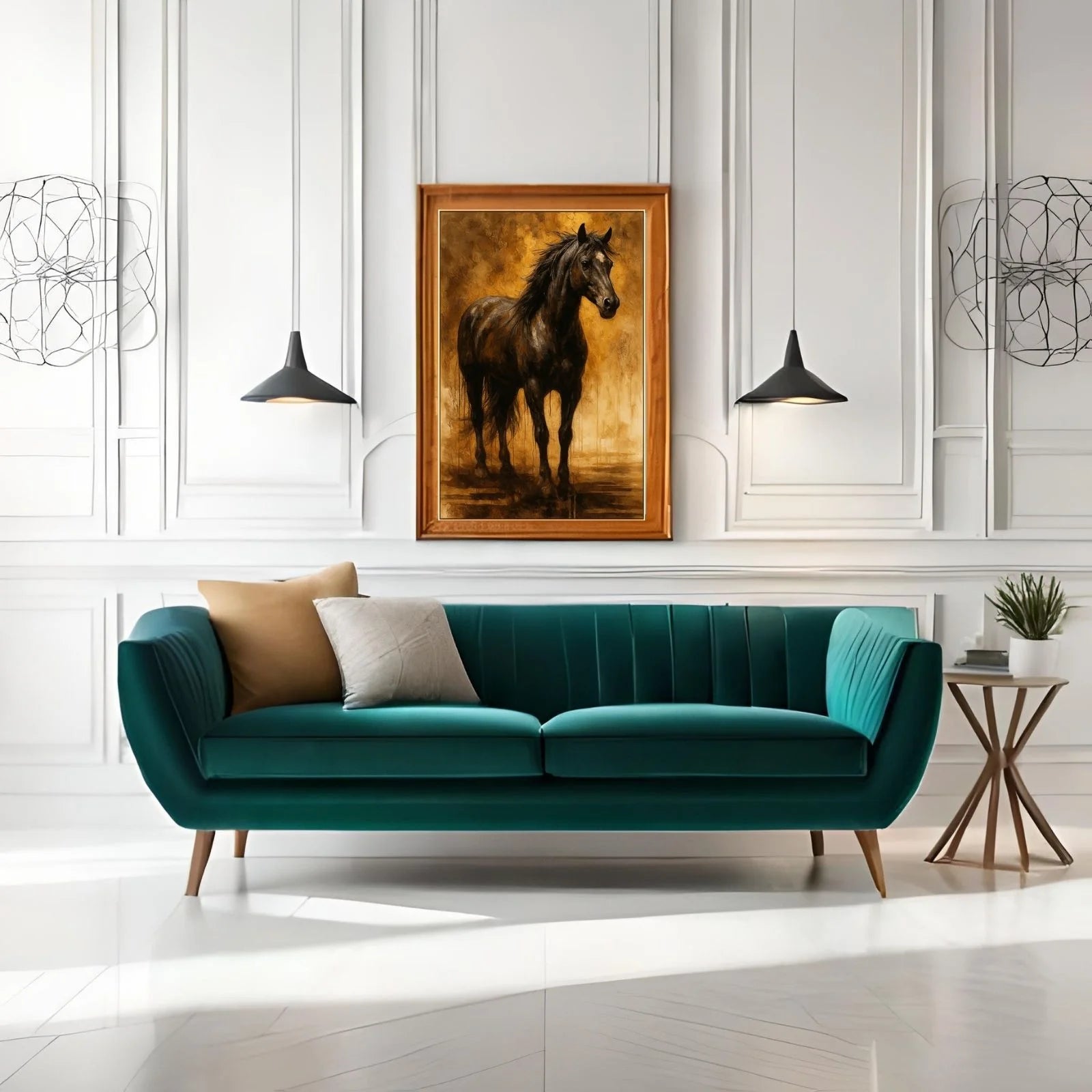 A dramatic and powerful painting of a black stallion standing against a textured gold and brown background with artistic vertical paint drips.