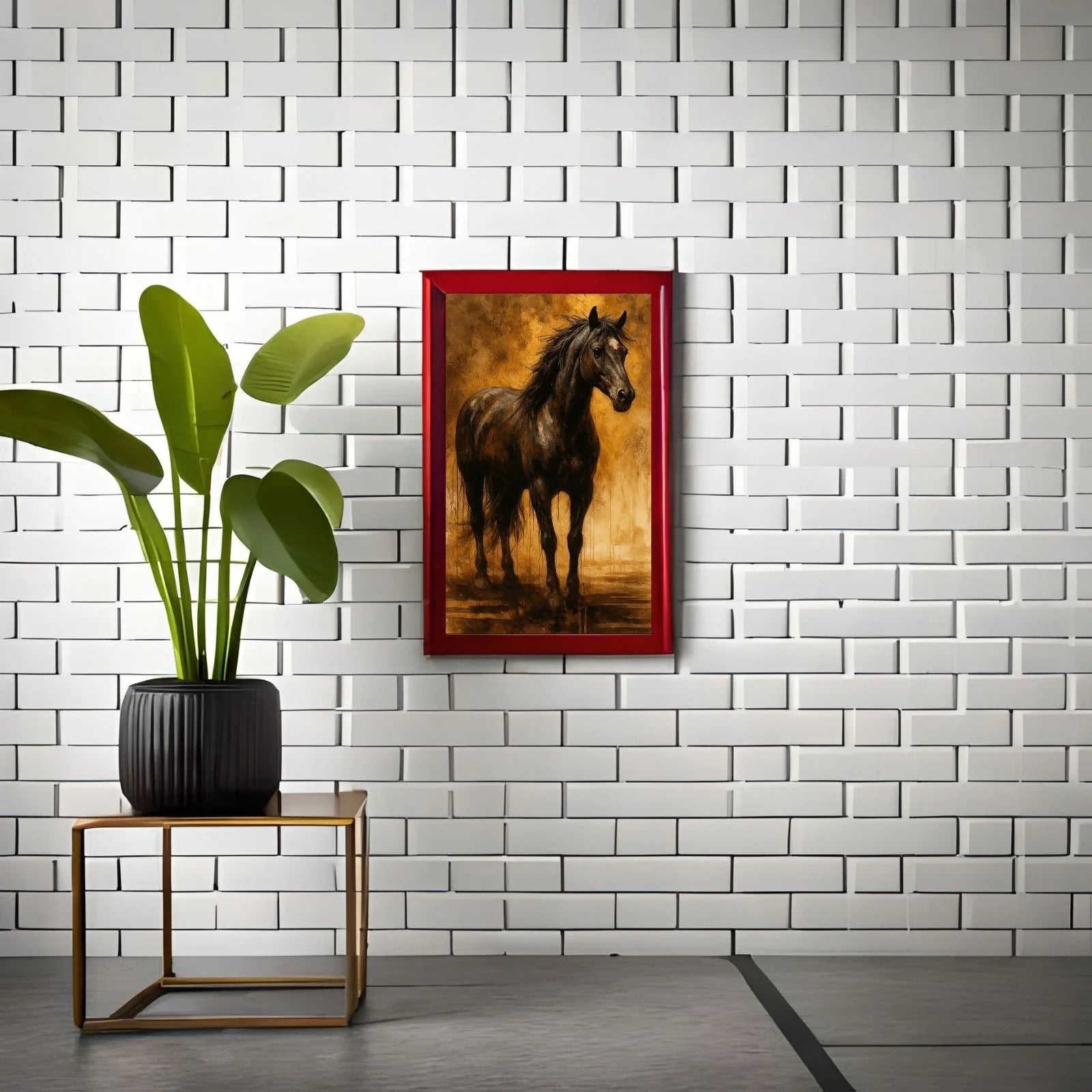 A dramatic and powerful painting of a black stallion standing against a textured gold and brown background with artistic vertical paint drips.