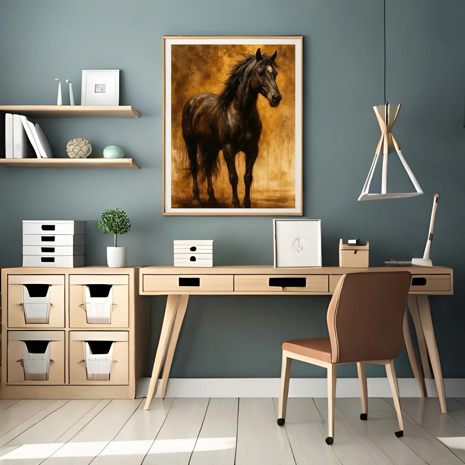 A dramatic and powerful painting of a black stallion standing against a textured gold and brown background with artistic vertical paint drips.