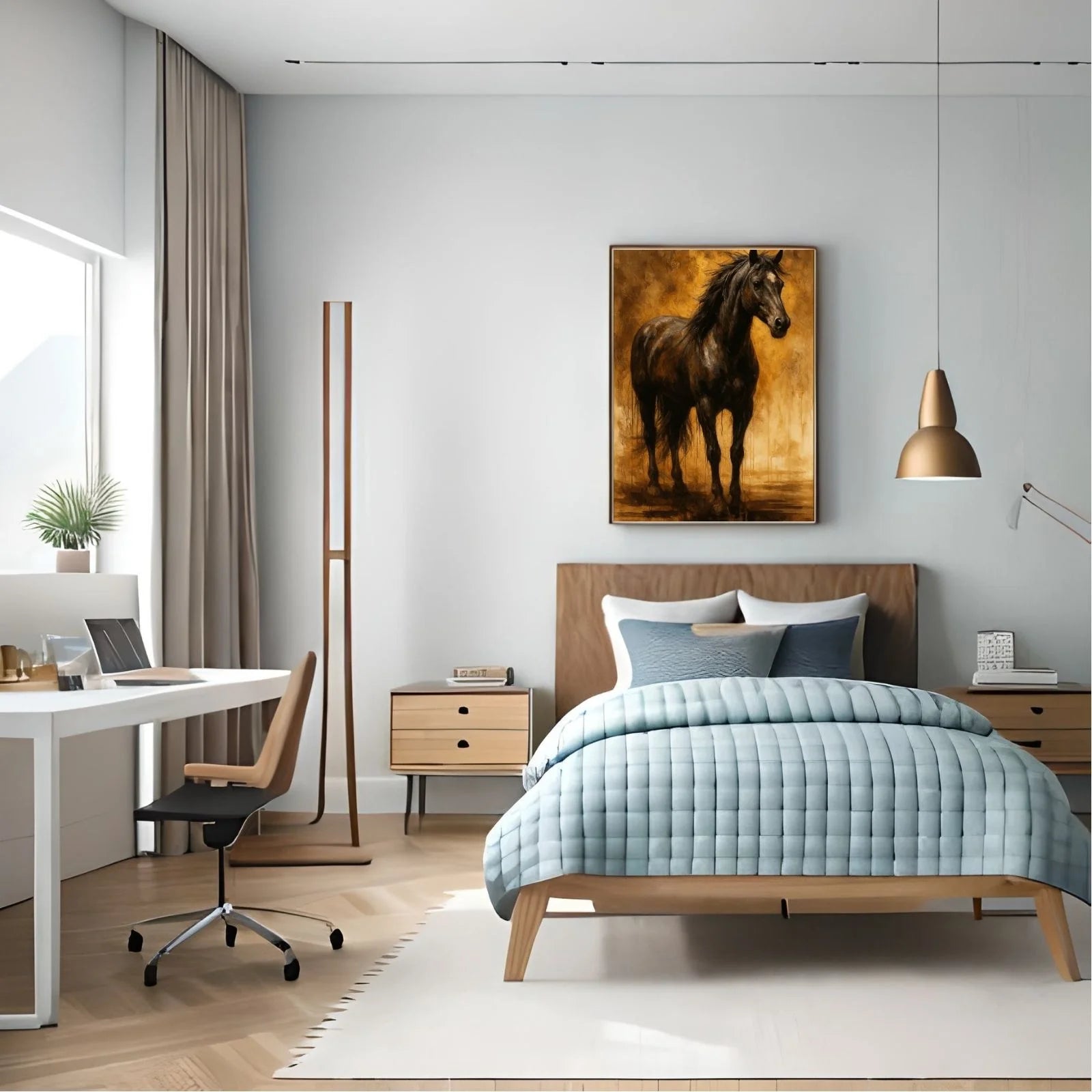 A dramatic and powerful painting of a black stallion standing against a textured gold and brown background with artistic vertical paint drips.