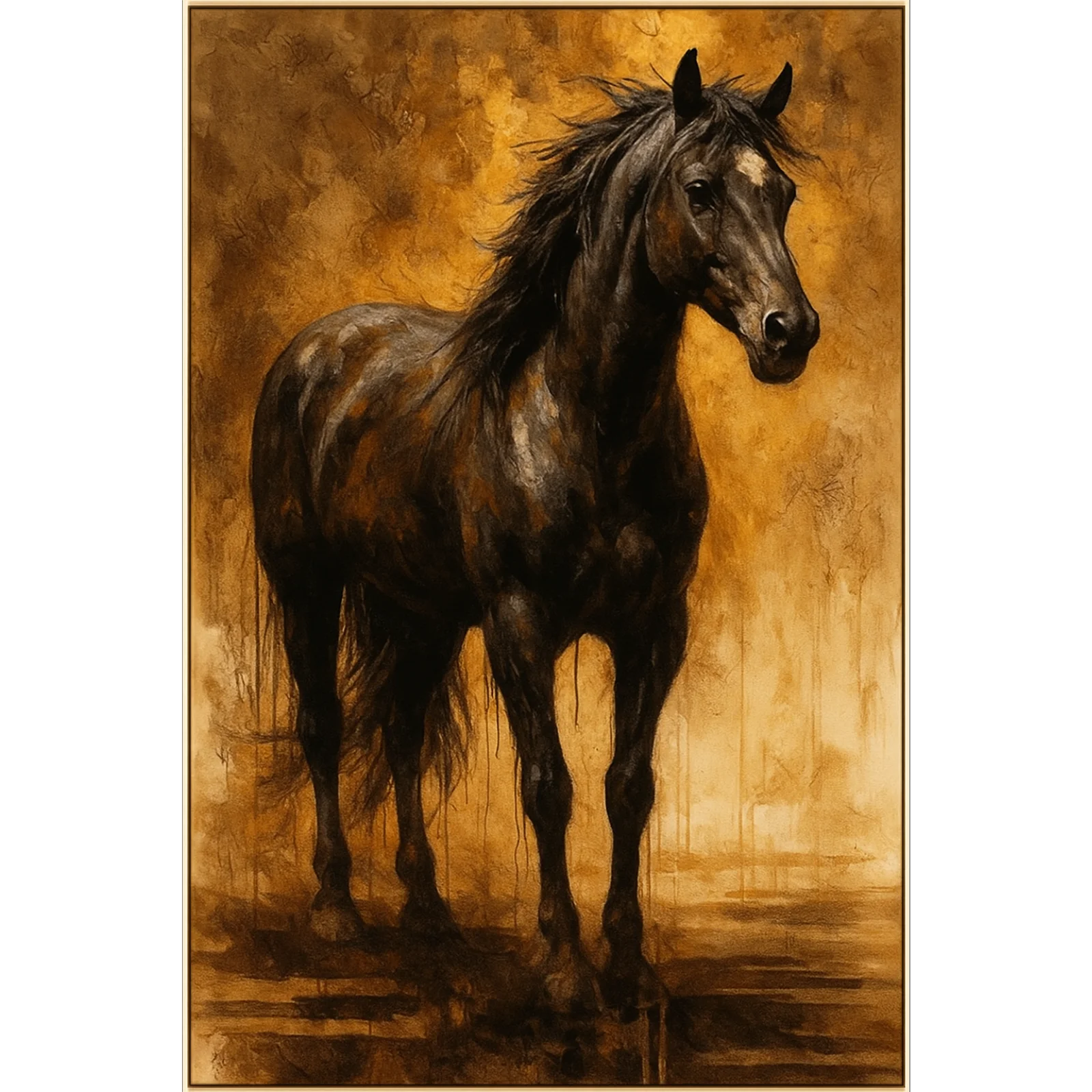 A dramatic and powerful painting of a black stallion standing against a textured gold and brown background with artistic vertical paint drips.