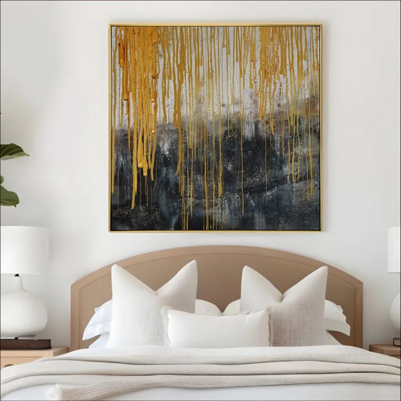 Abstract painting featuring thick molten gold drips cascading over a textured charcoal and black background, modern luxury wall art style.