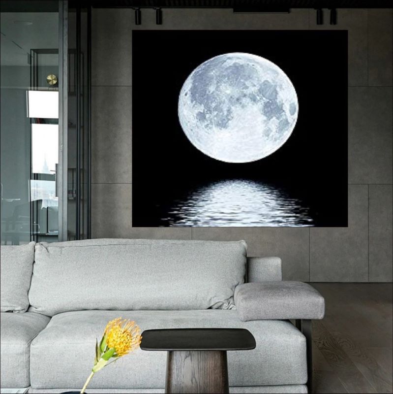 Realistic painting of a bright white full moon reflecting on dark rippling water against a pitch-black background, serene night landscape art.