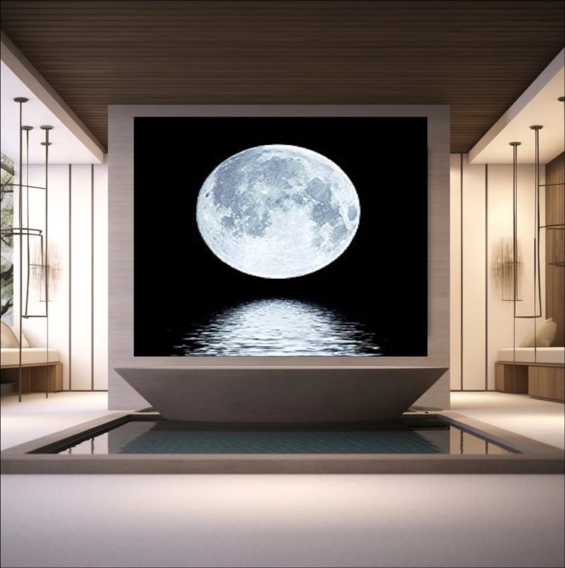 Realistic painting of a bright white full moon reflecting on dark rippling water against a pitch-black background, serene night landscape art.