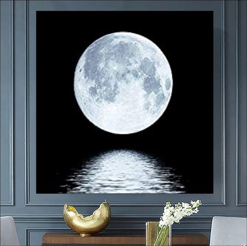 Realistic painting of a bright white full moon reflecting on dark rippling water against a pitch-black background, serene night landscape art.