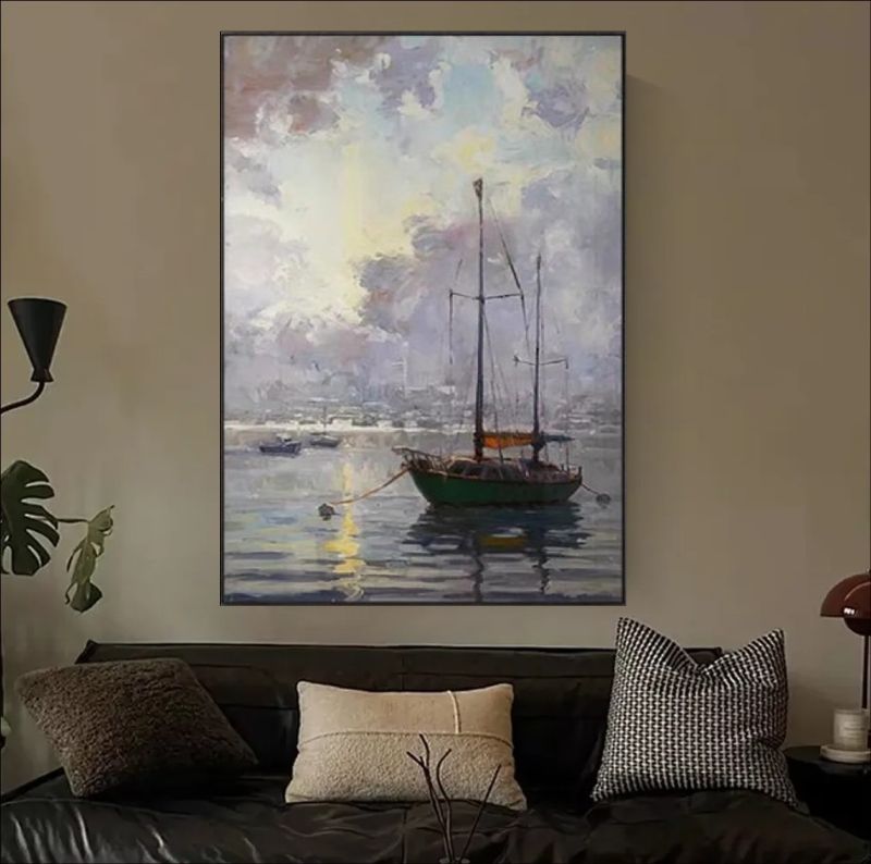 Impressionist seascape painting of a sailboat anchored in a calm harbor with misty clouds and soft sunlight reflections on the water.
