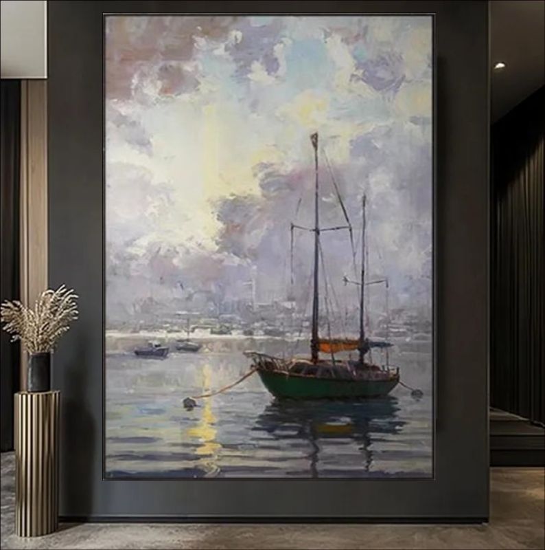Impressionist seascape painting of a sailboat anchored in a calm harbor with misty clouds and soft sunlight reflections on the water.