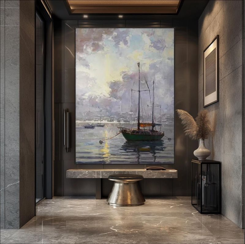 Impressionist seascape painting of a sailboat anchored in a calm harbor with misty clouds and soft sunlight reflections on the water.