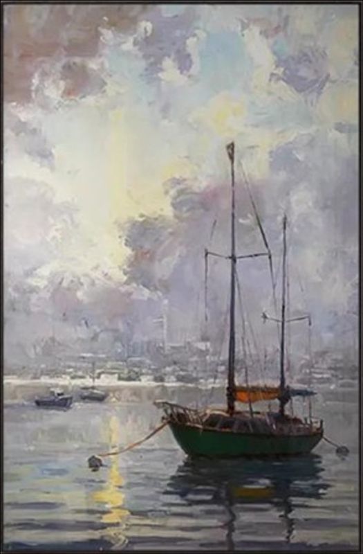 Impressionist seascape painting of a sailboat anchored in a calm harbor with misty clouds and soft sunlight reflections on the water.