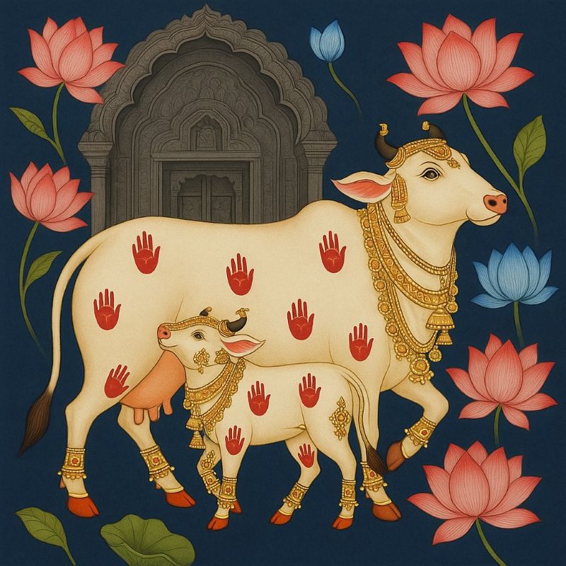 Traditional Pichwai painting of a sacred white cow and calf with red handprints and golden jewelry, surrounded by pink lotus flowers on a blue background.