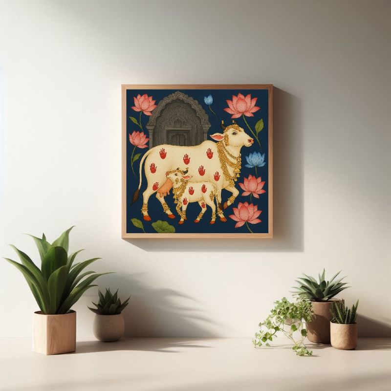 Traditional Pichwai painting of a sacred white cow and calf with red handprints and golden jewelry, surrounded by pink lotus flowers on a blue background.