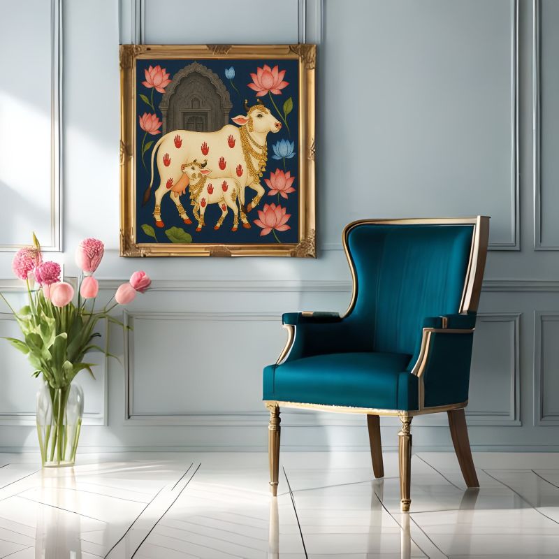 Traditional Pichwai painting of a sacred white cow and calf with red handprints and golden jewelry, surrounded by pink lotus flowers on a blue background.