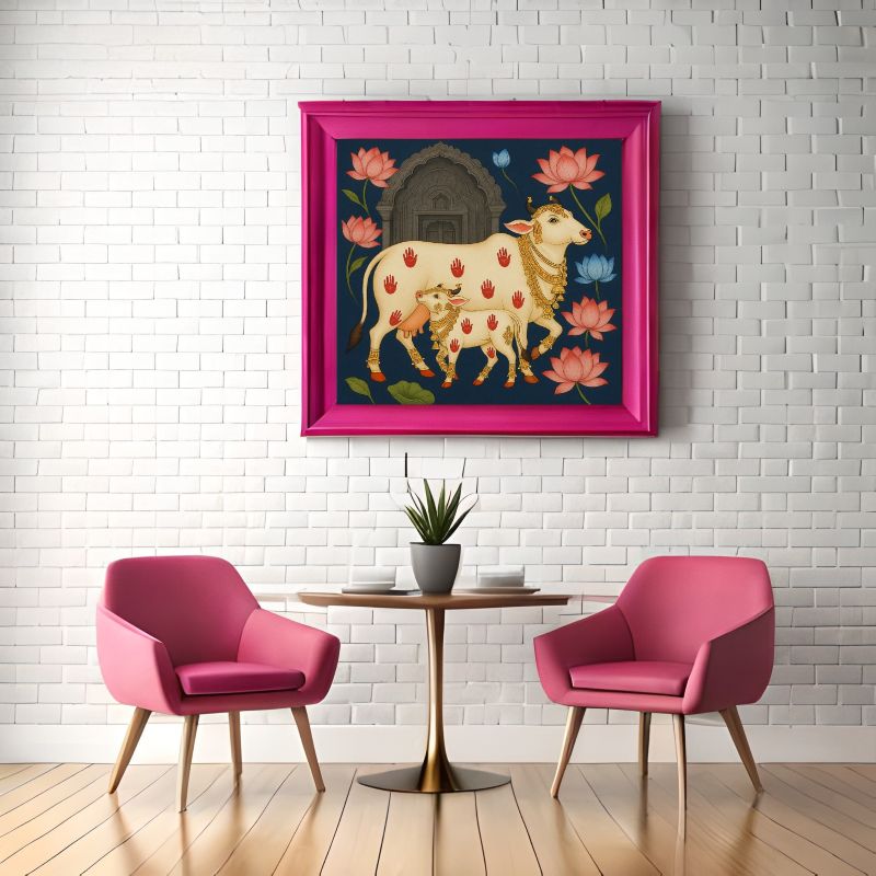 Traditional Pichwai painting of a sacred white cow and calf with red handprints and golden jewelry, surrounded by pink lotus flowers on a blue background.