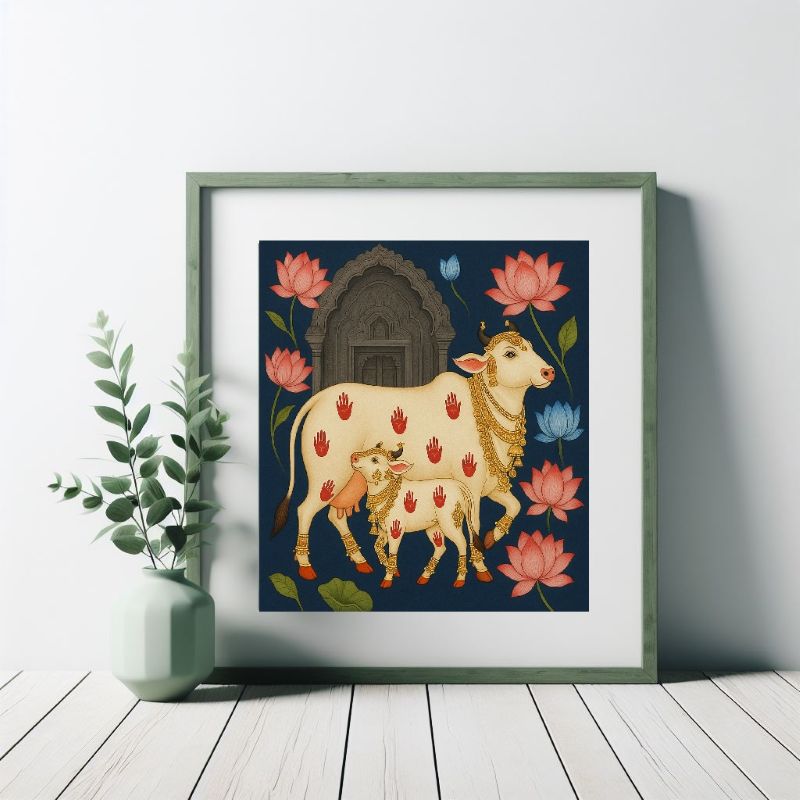 Traditional Pichwai painting of a sacred white cow and calf with red handprints and golden jewelry, surrounded by pink lotus flowers on a blue background.