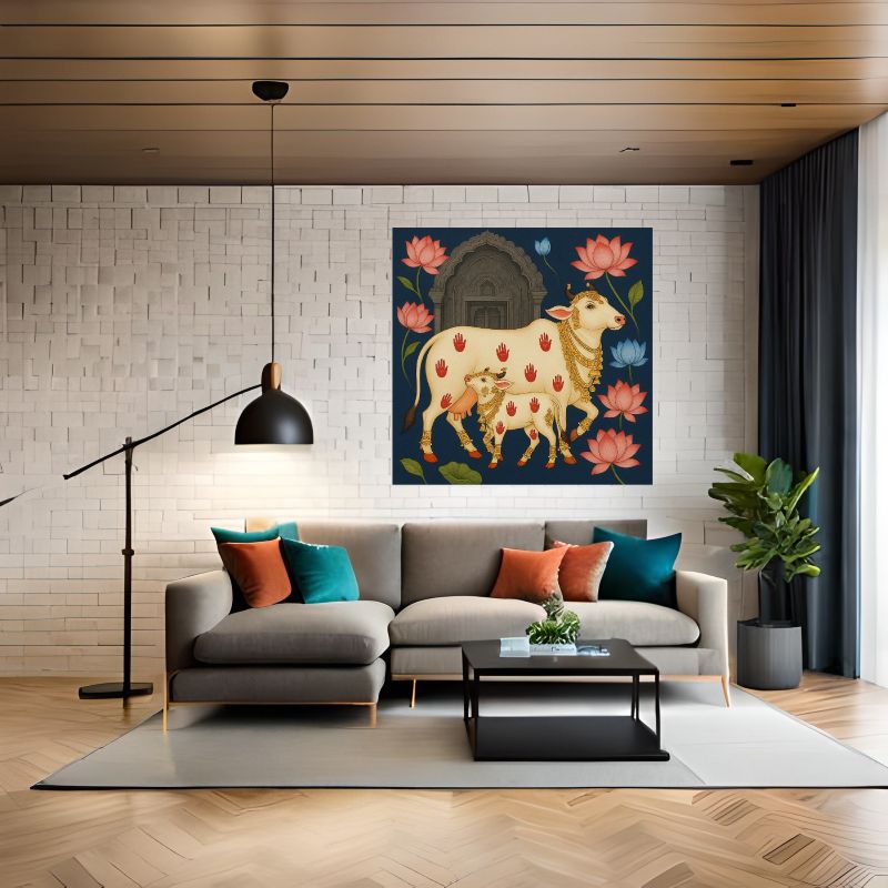 Traditional Pichwai painting of a sacred white cow and calf with red handprints and golden jewelry, surrounded by pink lotus flowers on a blue background.