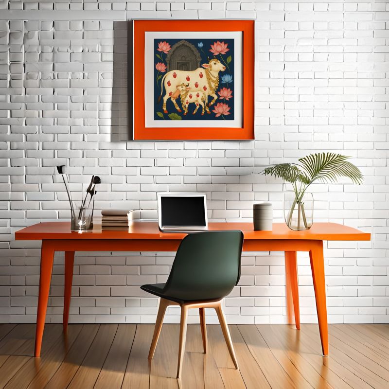 Traditional Pichwai painting of a sacred white cow and calf with red handprints and golden jewelry, surrounded by pink lotus flowers on a blue background.