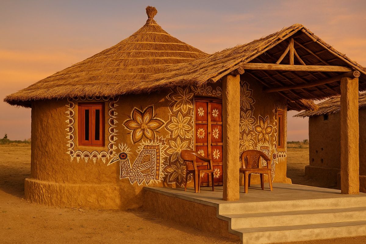 Traditional Rajasthani mud house painting featuring intricate white folk art motifs, floral mandalas, and a thatched roof, rustic Indian village wall decor.
