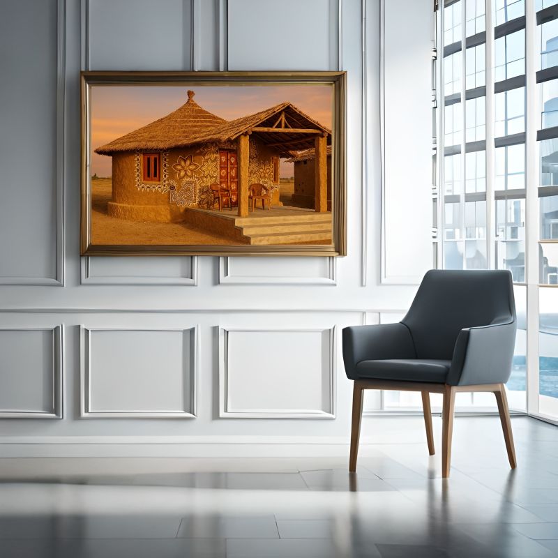 Traditional Rajasthani mud house painting featuring intricate white folk art motifs, floral mandalas, and a thatched roof, rustic Indian village wall decor.