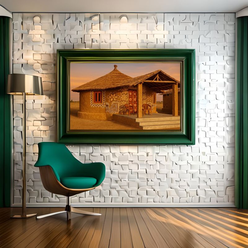 Traditional Rajasthani mud house painting featuring intricate white folk art motifs, floral mandalas, and a thatched roof, rustic Indian village wall decor.