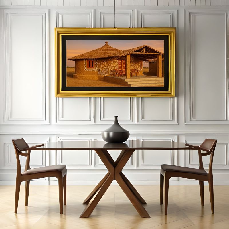 Traditional Rajasthani mud house painting featuring intricate white folk art motifs, floral mandalas, and a thatched roof, rustic Indian village wall decor.