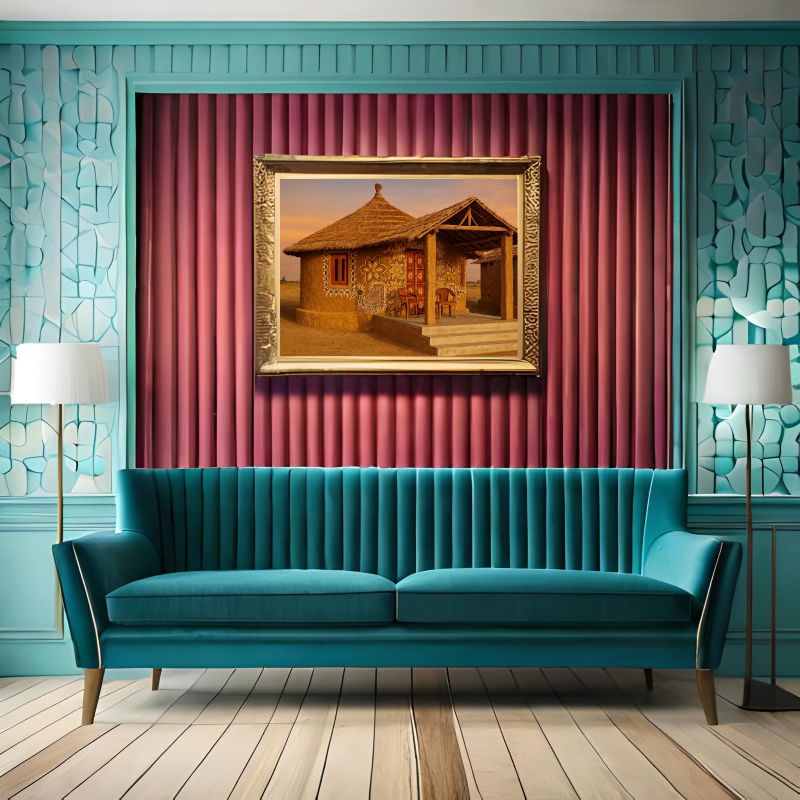 Traditional Rajasthani mud house painting featuring intricate white folk art motifs, floral mandalas, and a thatched roof, rustic Indian village wall decor.