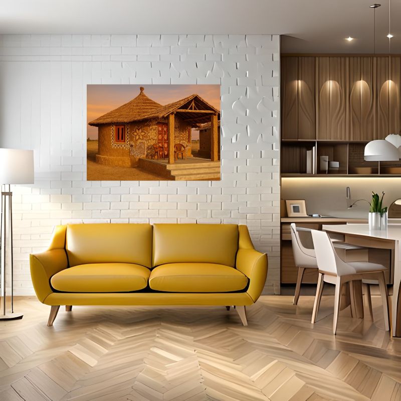 Traditional Rajasthani mud house painting featuring intricate white folk art motifs, floral mandalas, and a thatched roof, rustic Indian village wall decor.