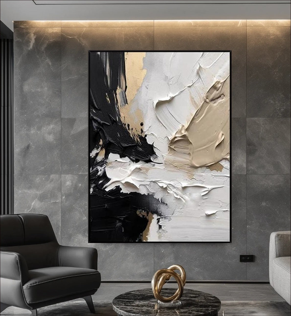 Abstract art piece on a wall in a modern living room setting