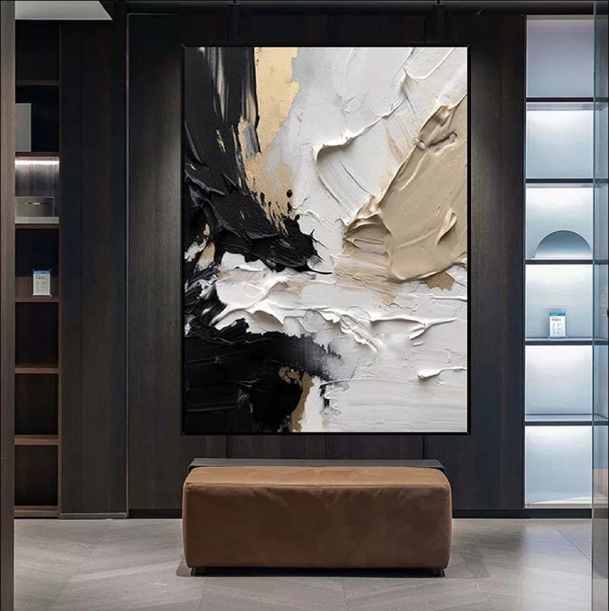 Modern abstract oil painting titled 'Neutral Boldness' with bold textures and a monochrome palette, perfect for minimalist and contemporary decor.