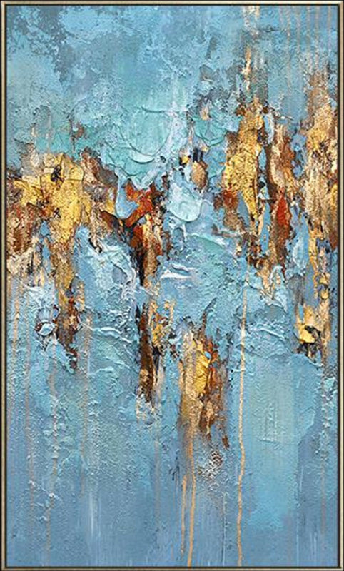 Abstract artwork featuring a textured design with vibrant blue tones and luxurious gold accents, creating a modern and elegant visual appeal.