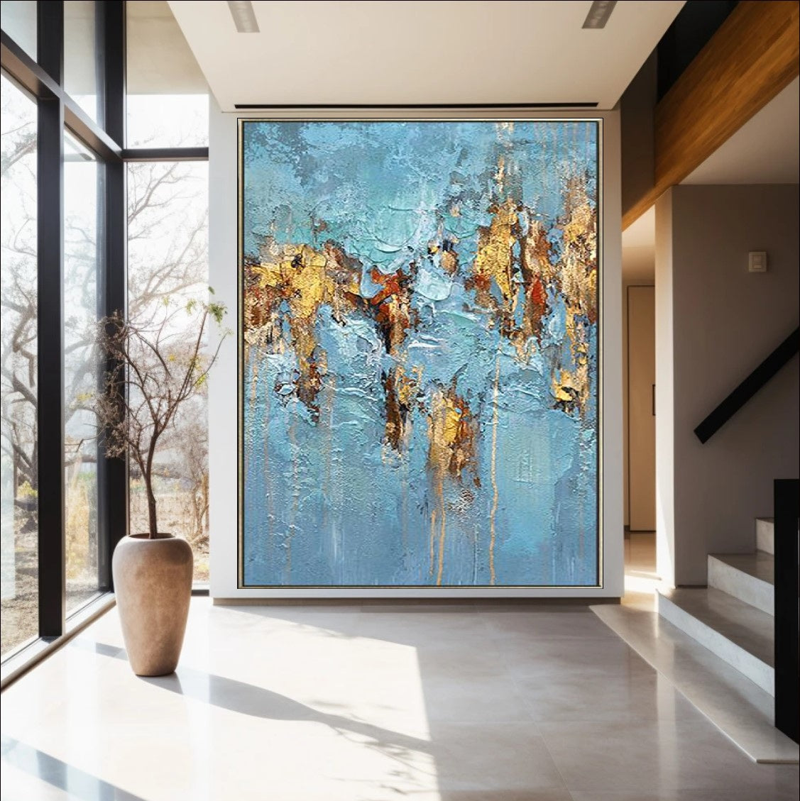Abstract artwork featuring a textured design with vibrant blue tones and luxurious gold accents, creating a modern and elegant visual appeal.