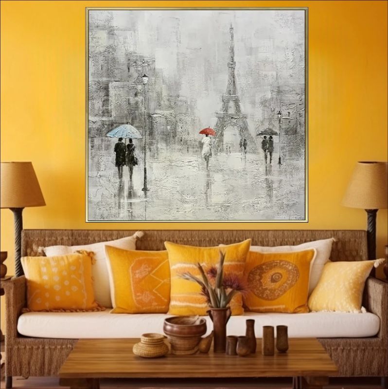 Textured oil painting of a rainy Paris street scene featuring the Eiffel Tower, couples with umbrellas, and a focal red umbrella against a grey cityscape.