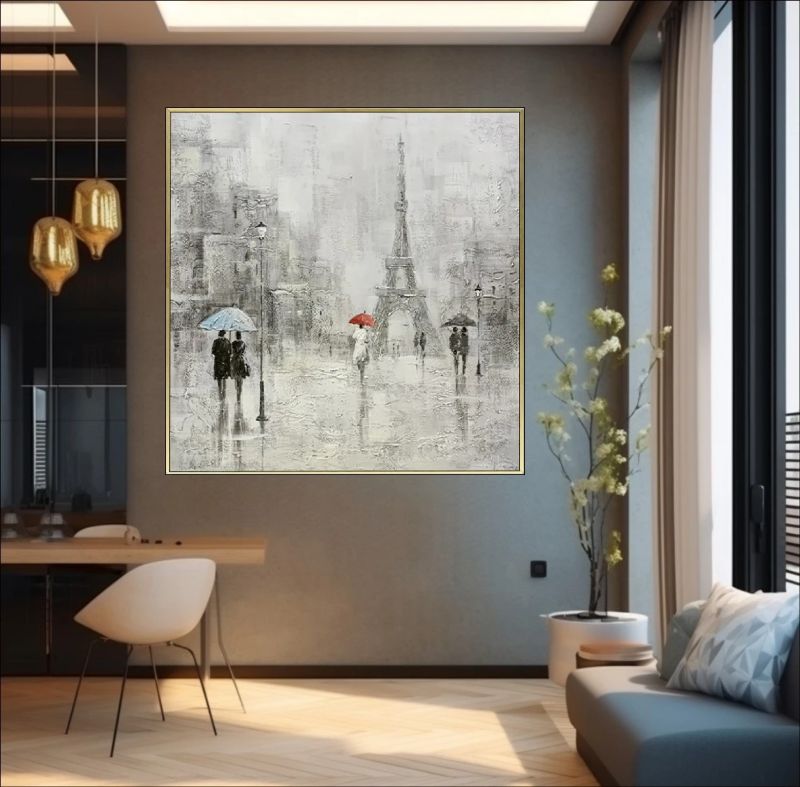 Textured oil painting of a rainy Paris street scene featuring the Eiffel Tower, couples with umbrellas, and a focal red umbrella against a grey cityscape.
