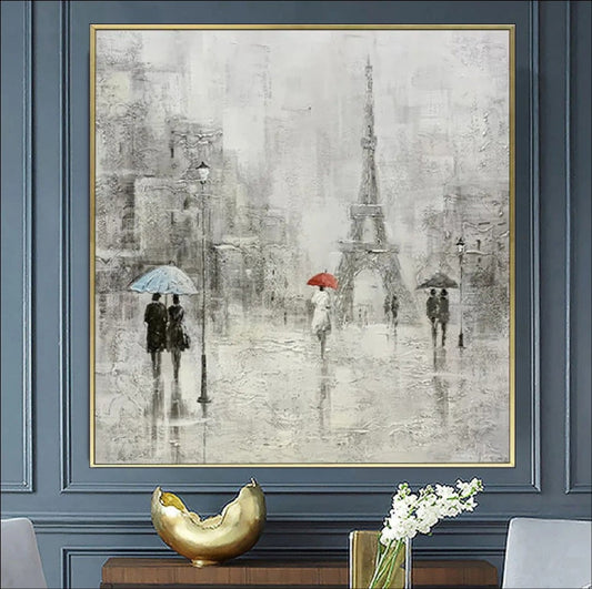 Handmade textured oil painting of Paris with the Eiffel Tower in the rain. Romantic cityscape artwork with palette knife texture, perfect for modern decor.