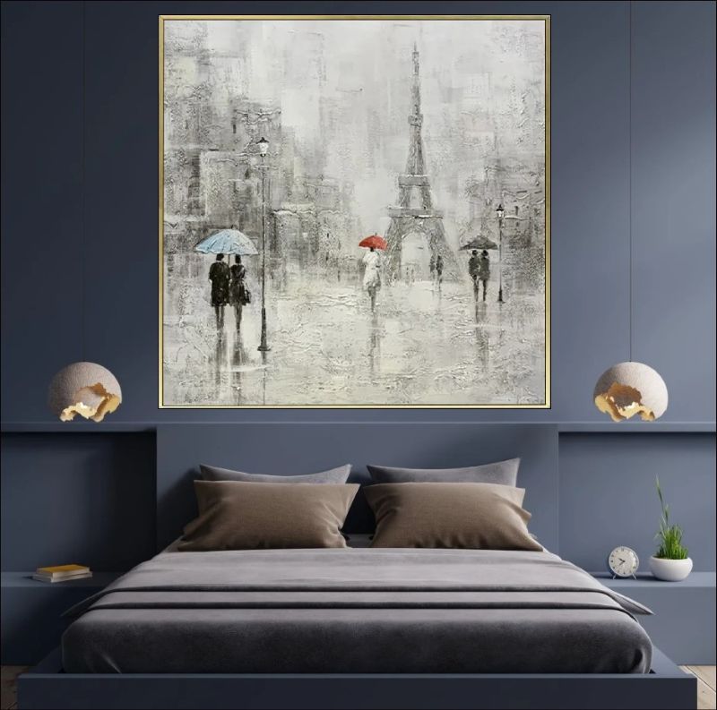 Textured oil painting of a rainy Paris street scene featuring the Eiffel Tower, couples with umbrellas, and a focal red umbrella against a grey cityscape.
