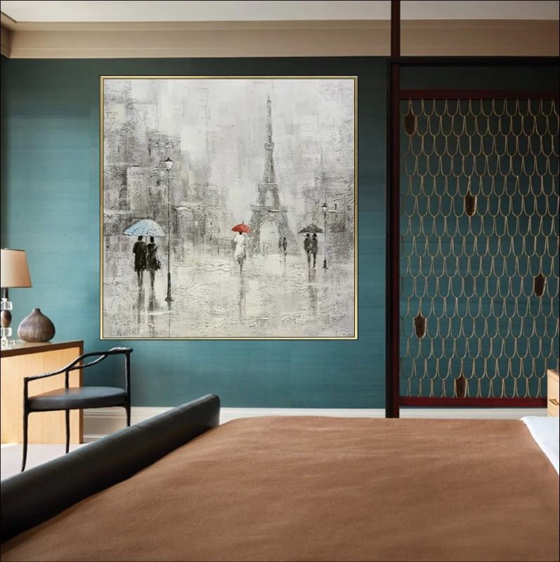 Textured oil painting of a rainy Paris street scene featuring the Eiffel Tower, couples with umbrellas, and a focal red umbrella against a grey cityscape.