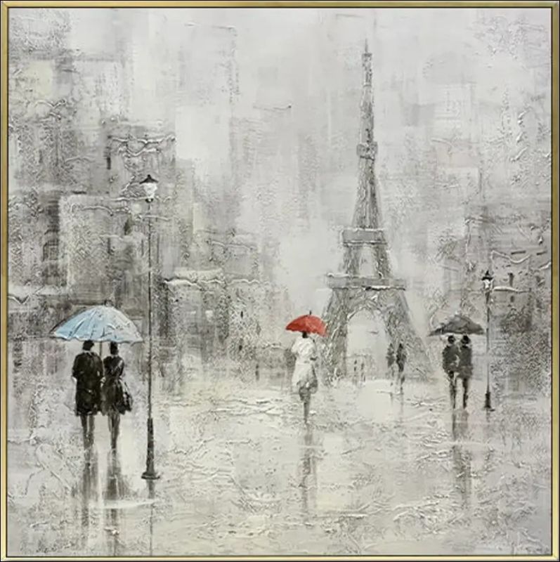 Textured oil painting of a rainy Paris street scene featuring the Eiffel Tower, couples with umbrellas, and a focal red umbrella against a grey cityscape.