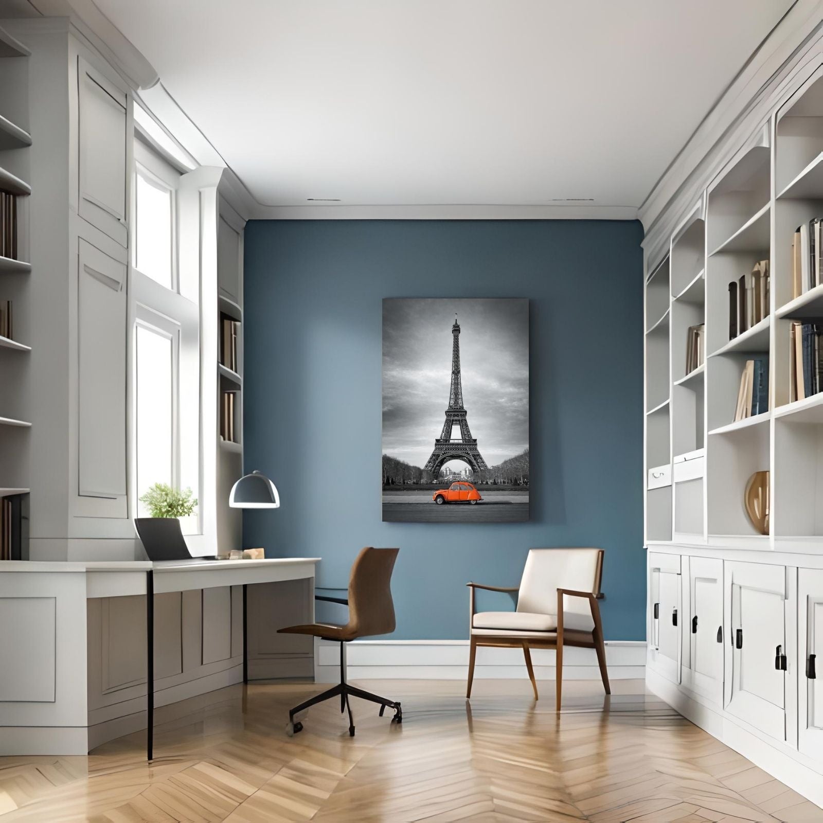 A selective color photograph of a bright orange vintage Citroen 2CV car parked in front of a black and white Eiffel Tower in Paris.