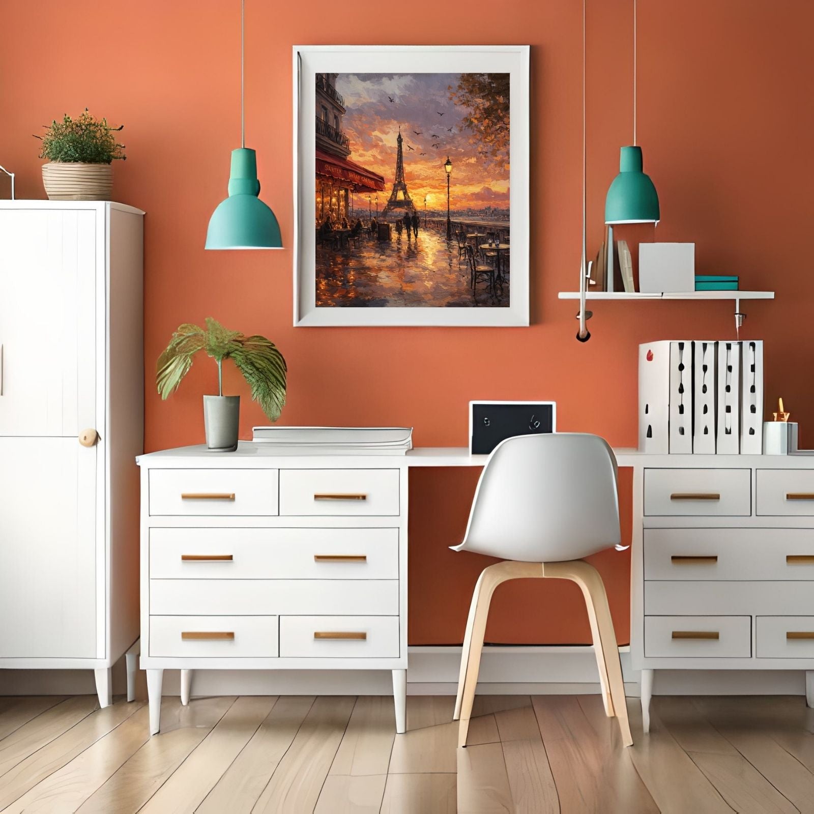 Impressionist oil painting of a Paris street cafe at sunset with the Eiffel Tower in the background, featuring warm orange, red, and golden light.