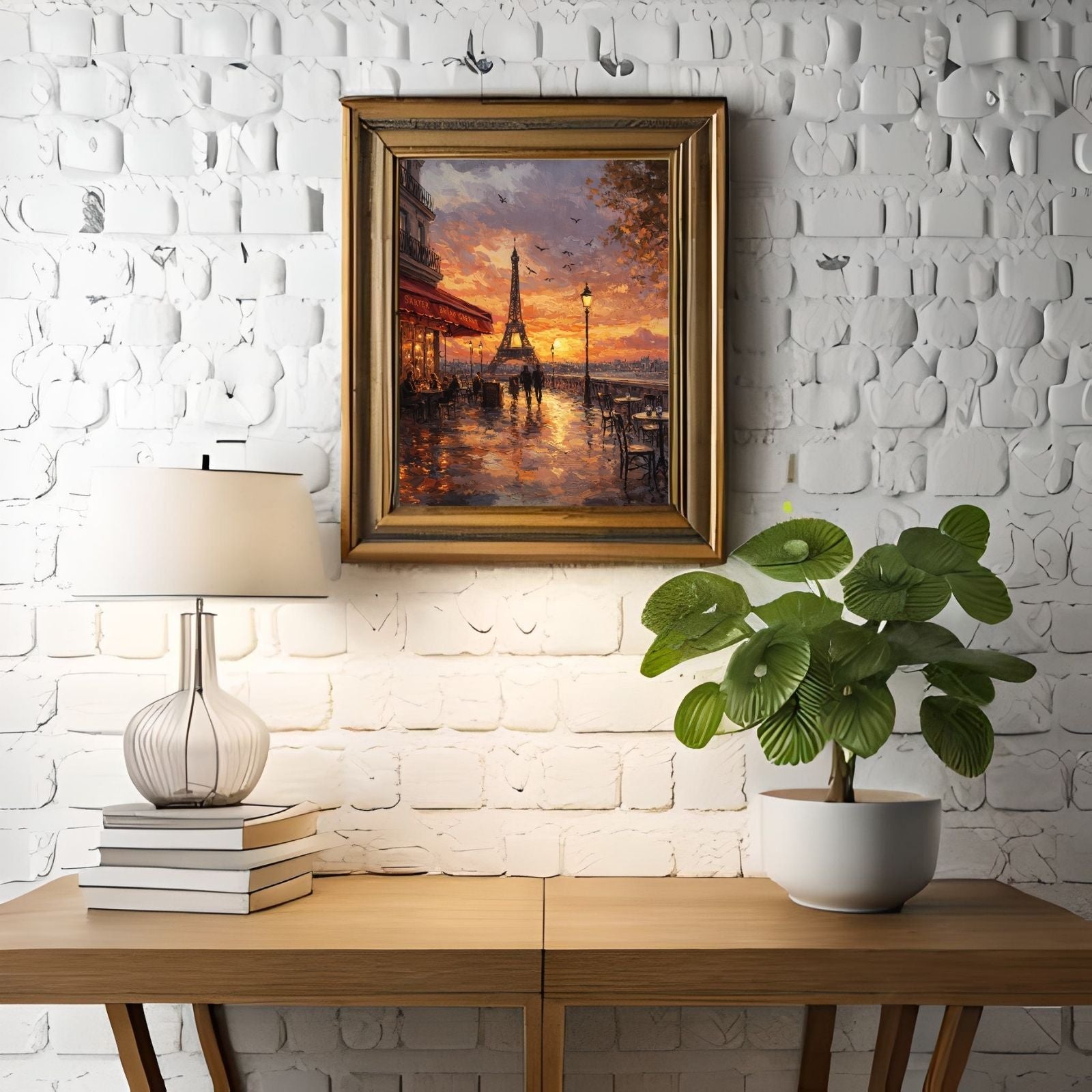 Impressionist oil painting of a Paris street cafe at sunset with the Eiffel Tower in the background, featuring warm orange, red, and golden light.