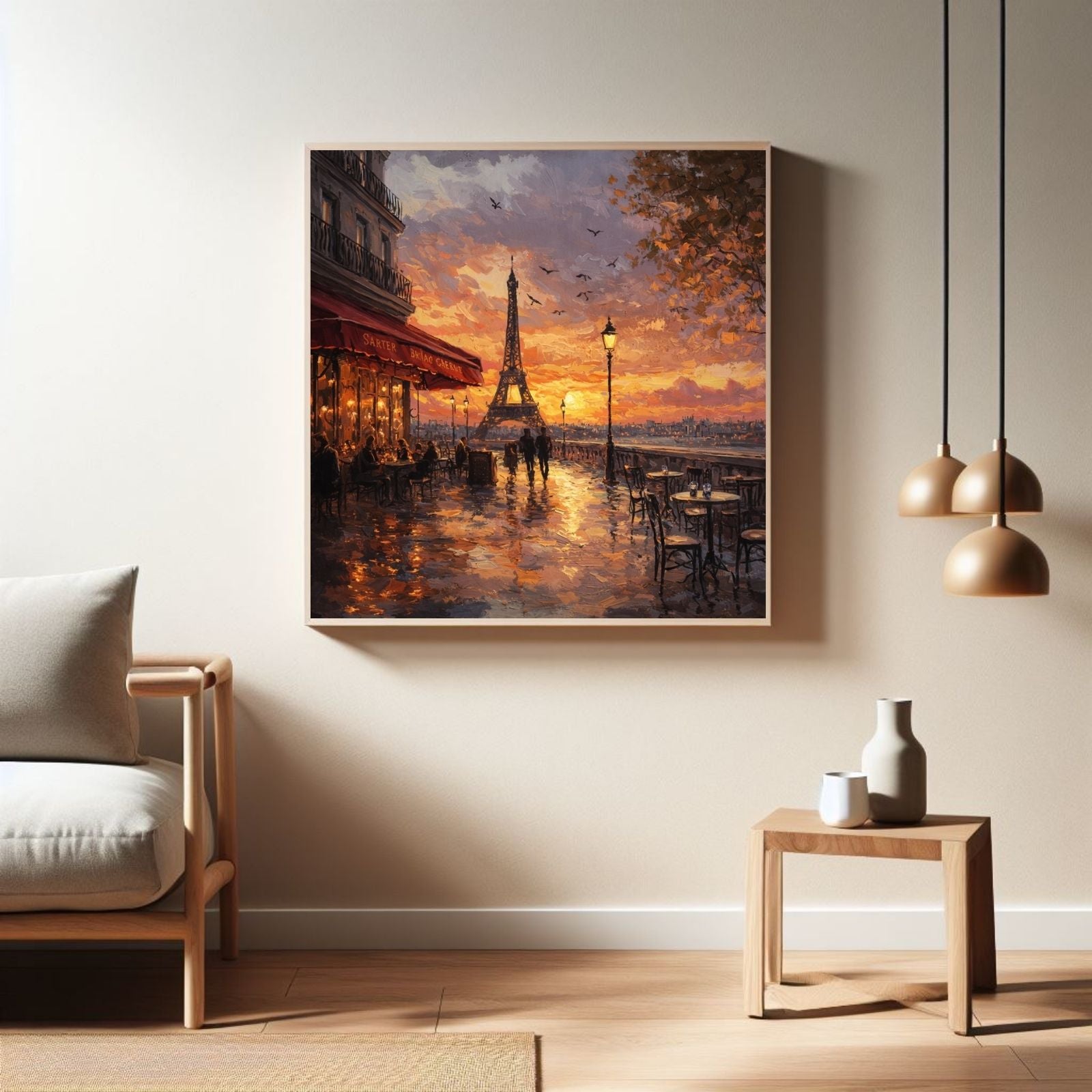 Impressionist oil painting of a Paris street cafe at sunset with the Eiffel Tower in the background, featuring warm orange, red, and golden light.
